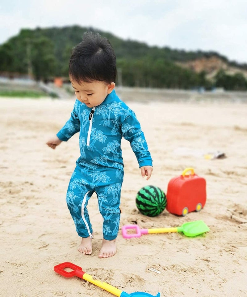weVSwe Baby Toddler Swimsuit UPF 50+ Protection Rash Guard Boy Swimsuits One Piece Bathing Suit Crotch Zipper for Quicker and Easier Diaper Changes Tree Peacock Blue Bathing Suit 6-12 Months - Image 4